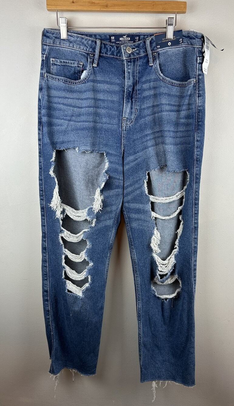 Hollister Utra High Rise Vintage Straight Jeans 15R W32 Denim Distressed New
